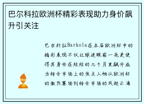 巴尔科拉欧洲杯精彩表现助力身价飙升引关注