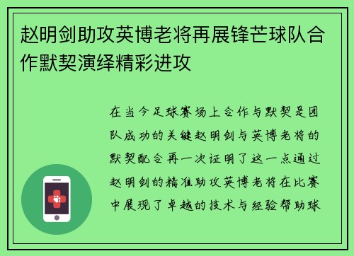 赵明剑助攻英博老将再展锋芒球队合作默契演绎精彩进攻 赵明剑助攻英博老将再展锋芒球队合作默契演绎精彩进攻